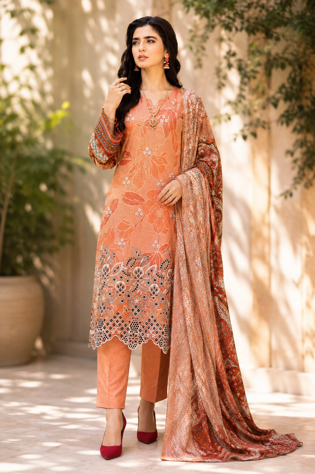 Graceful Peach Printed & Embroidered 3-Piece Suit