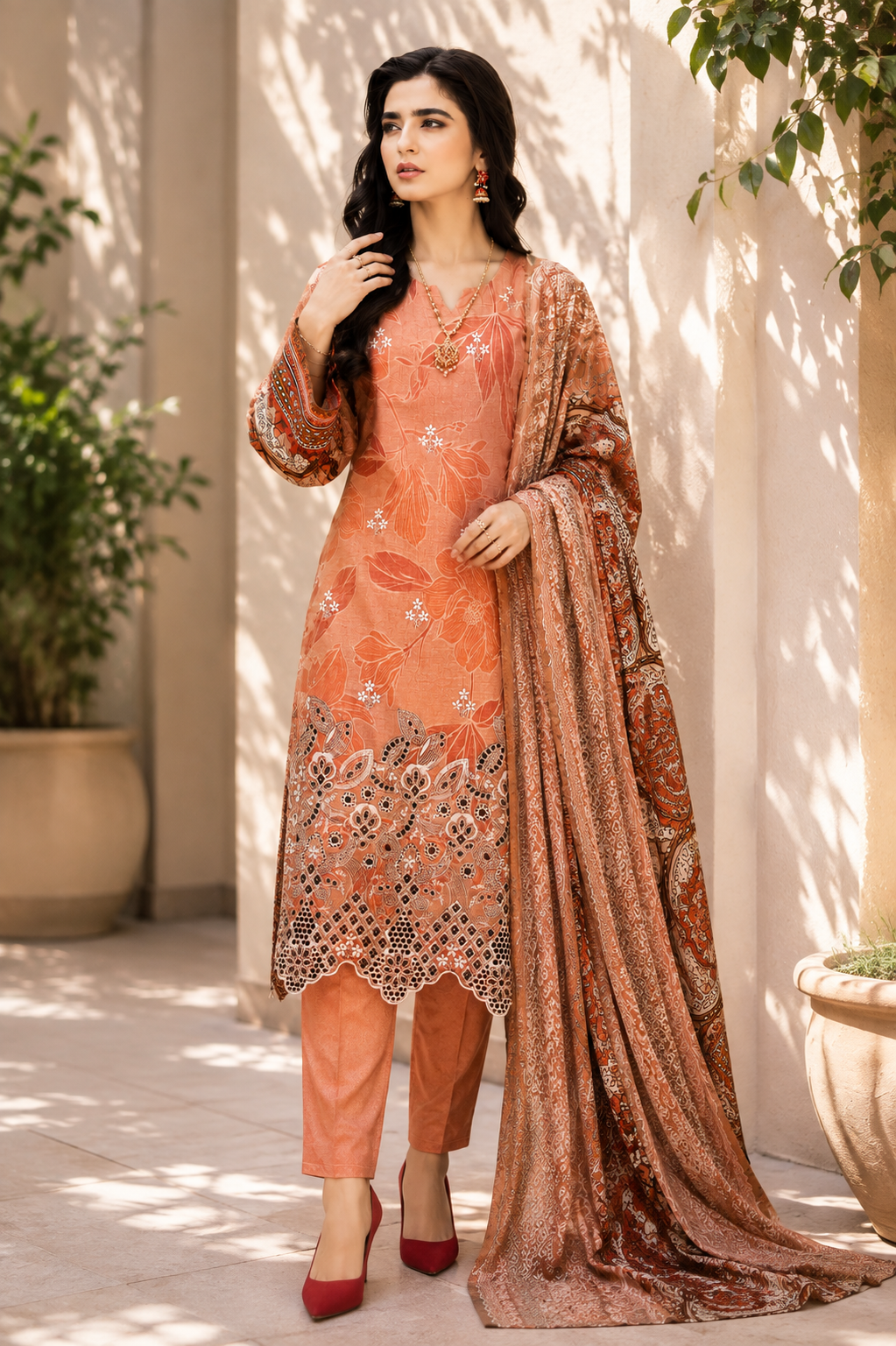 Graceful Peach Printed & Embroidered 3-Piece Suit