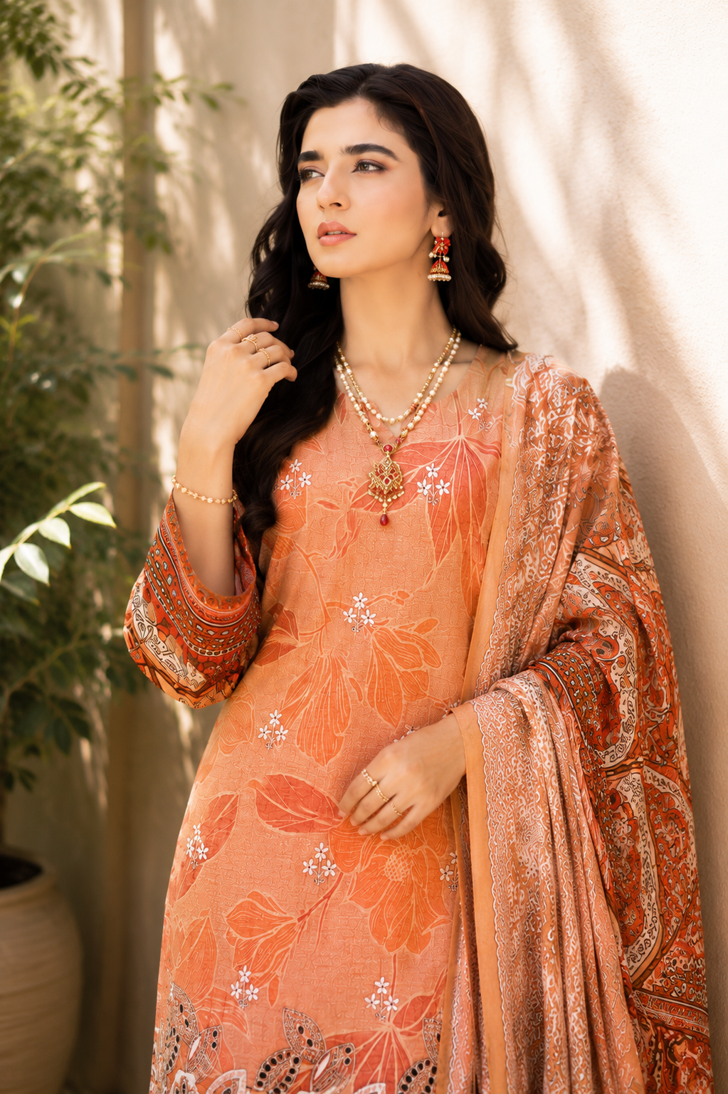 Graceful Peach Printed & Embroidered 3-Piece Suit