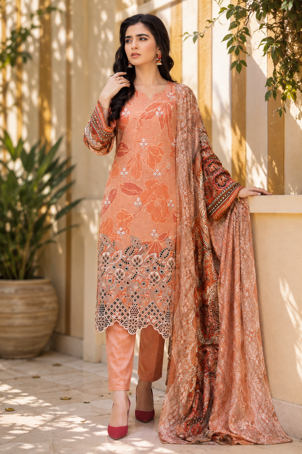 Graceful Peach Printed & Embroidered 3-Piece Suit