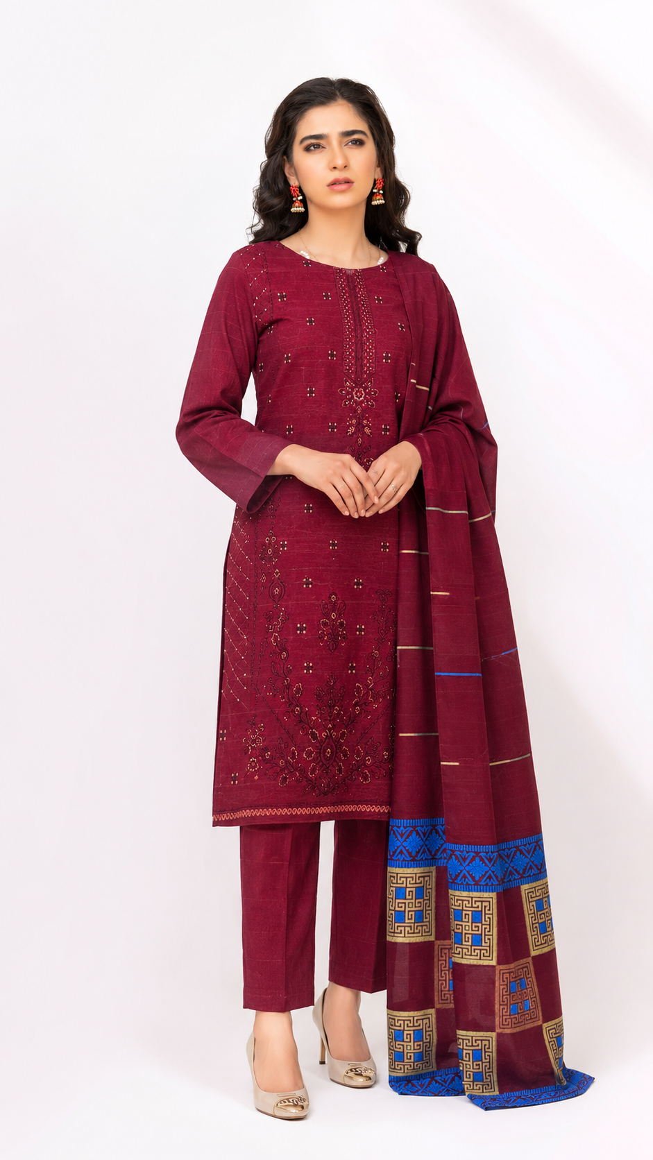 Stunning Maroon Embroidered & Block-Print Style Suit