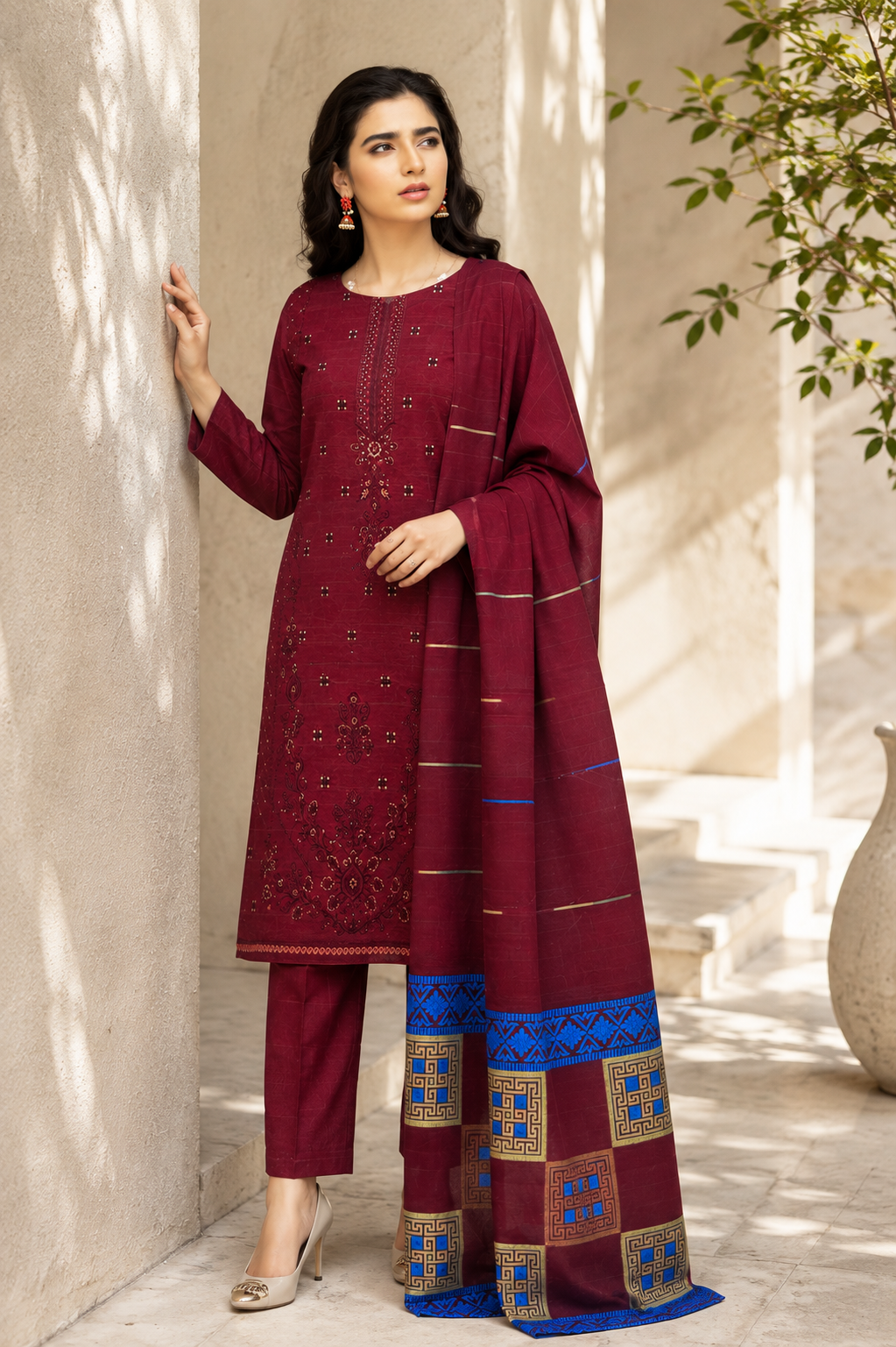 Stunning Maroon Embroidered & Block-Print Style Suit