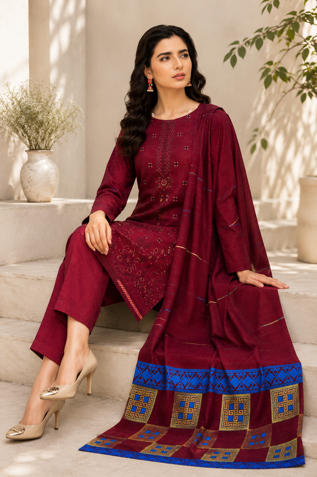 Stunning Maroon Embroidered & Block-Print Style Suit
