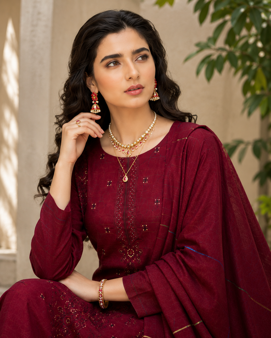 Stunning Maroon Embroidered & Block-Print Style Suit