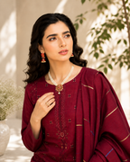 Stunning Maroon Embroidered & Block-Print Style Suit