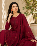 Stunning Maroon Embroidered & Block-Print Style Suit