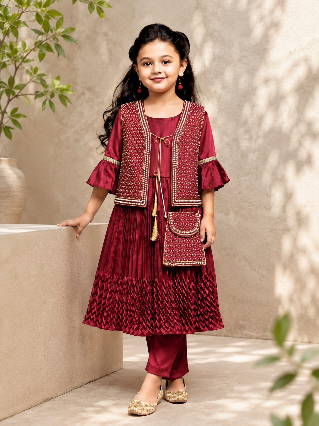 Maroon Embroidered Waistcoat Set with Sling Bag