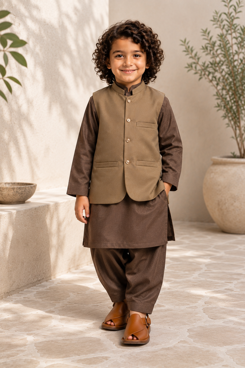 Olive Brown Waistcoat Kurta Shalwar Set