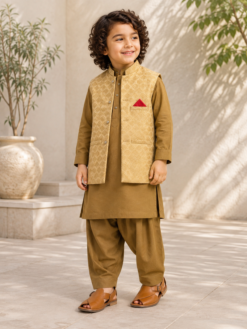 Mustard Gold Waistcoat Kurta Shalwar Set