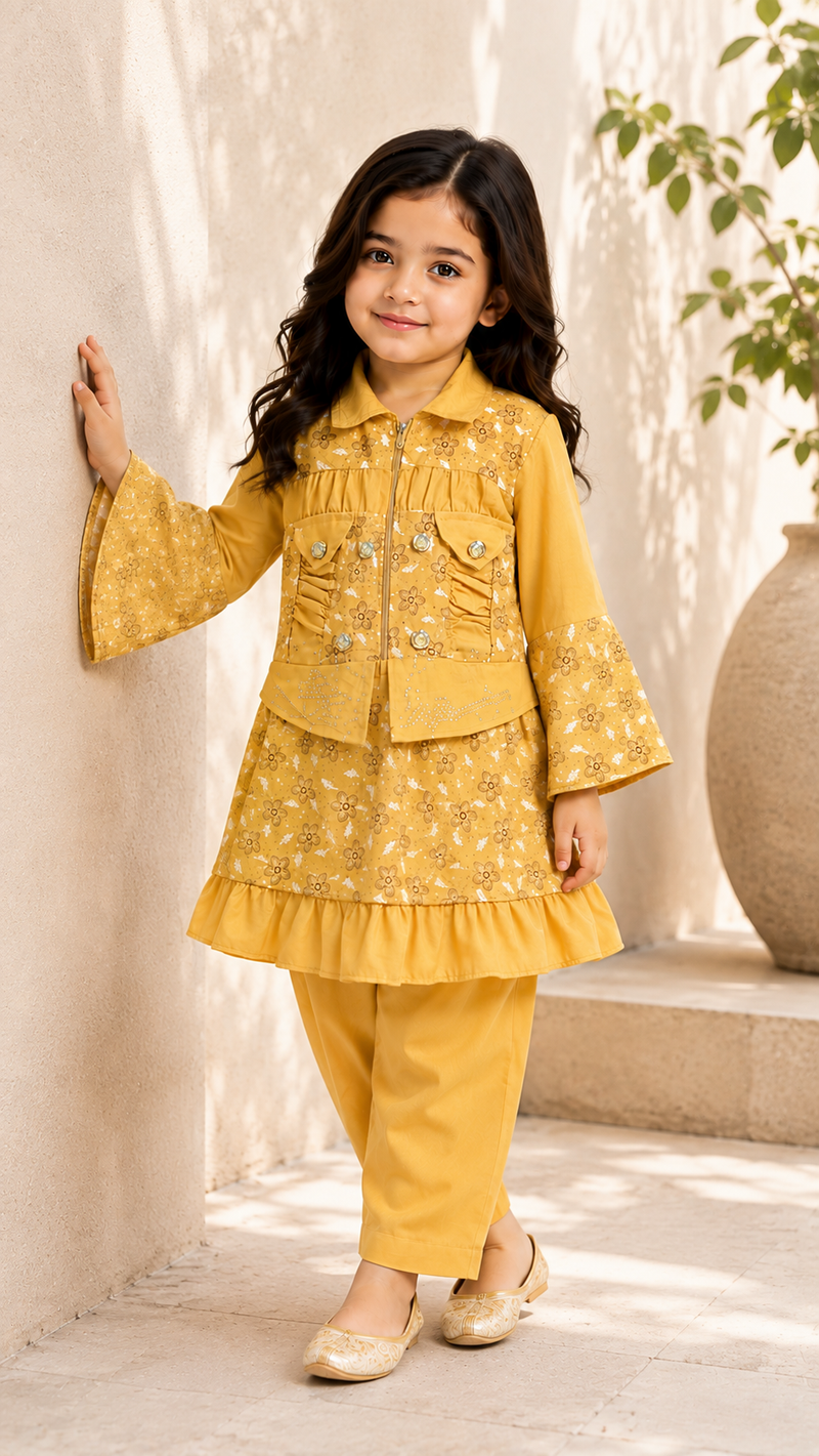Mustard Yellow Floral Print Jacket Set