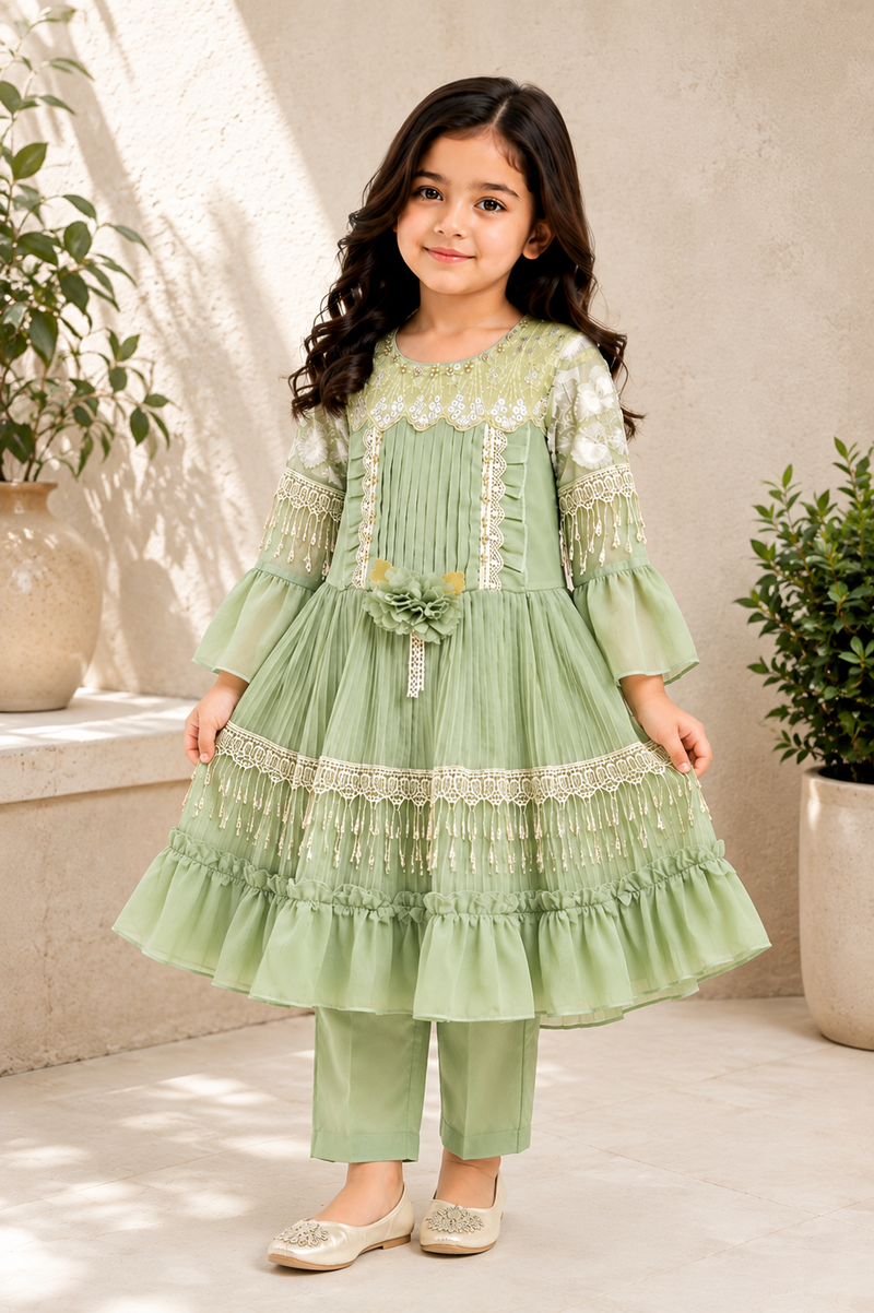 Sage Green Lace Tiered Frock Set
