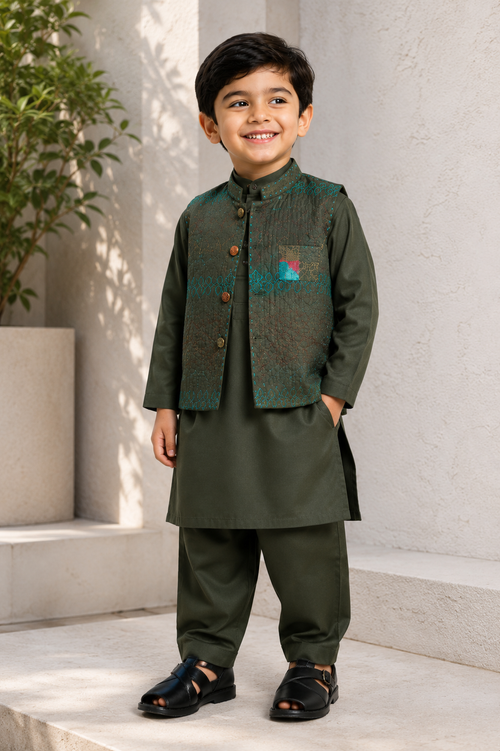 Bottle Green Embroidered Waistcoat Kurta Set