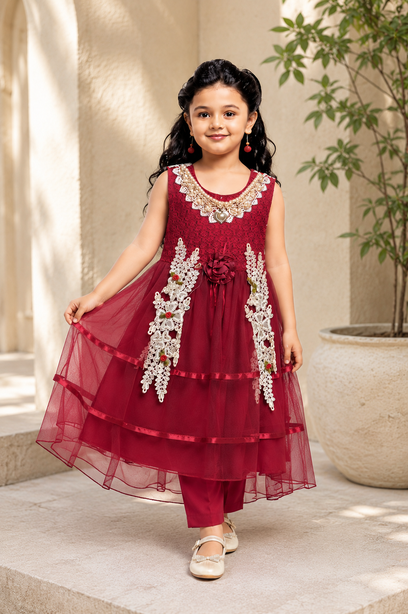Maroon Pearl Lace Party Dress