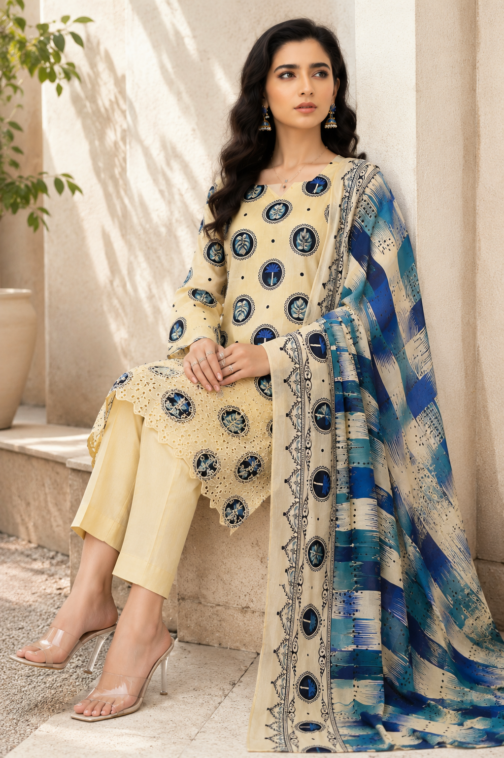 Ivory Azure Embroidered 3-Piece Suit