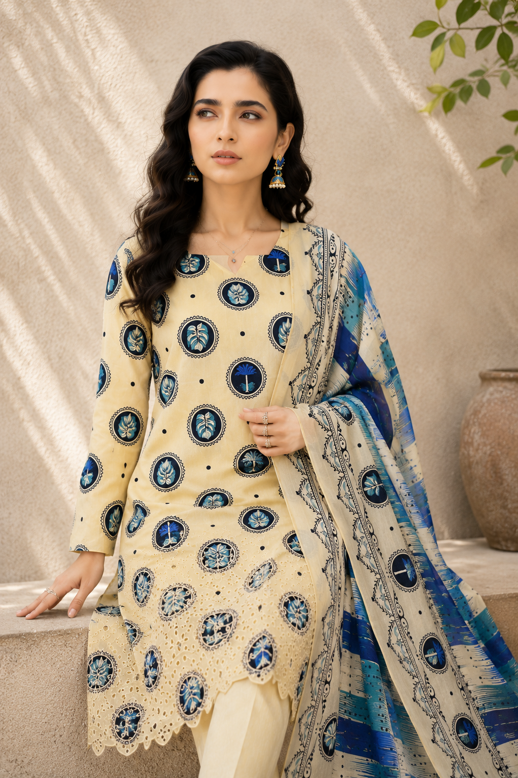 Ivory Azure Embroidered 3-Piece Suit
