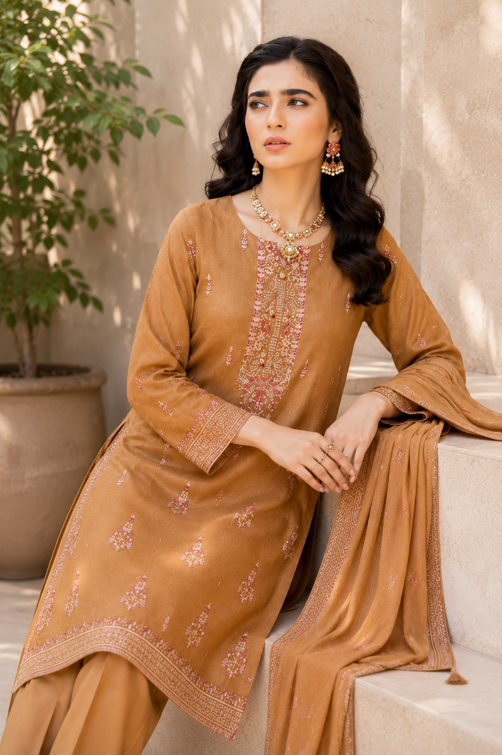 Caramel Blossom Embroidered 3-Piece Suit