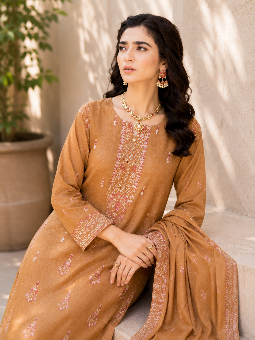 Caramel Blossom Embroidered 3-Piece Suit