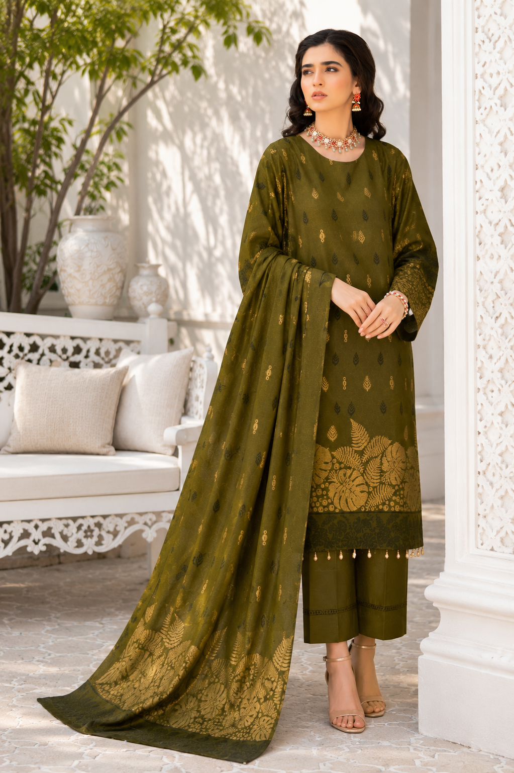 Olive Gold Leaf Printed 3-Piece Suit