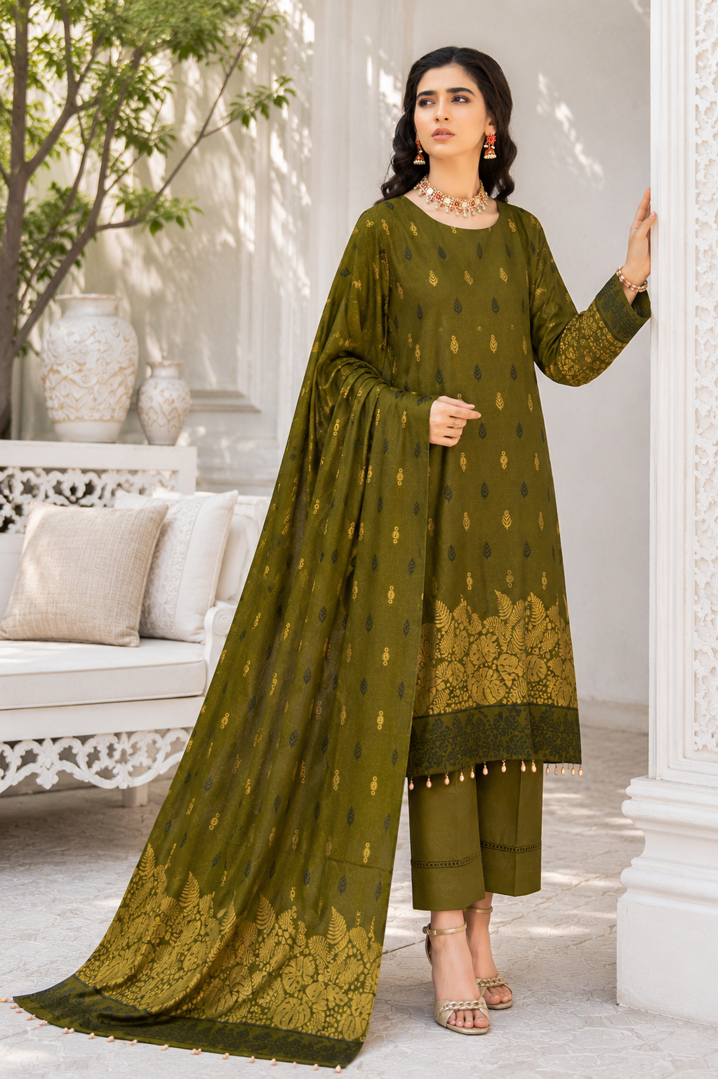Olive Gold Leaf Printed 3-Piece Suit
