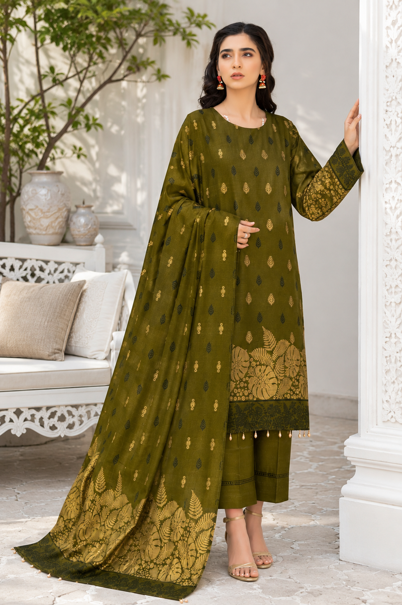 Olive Gold Leaf Printed 3-Piece Suit