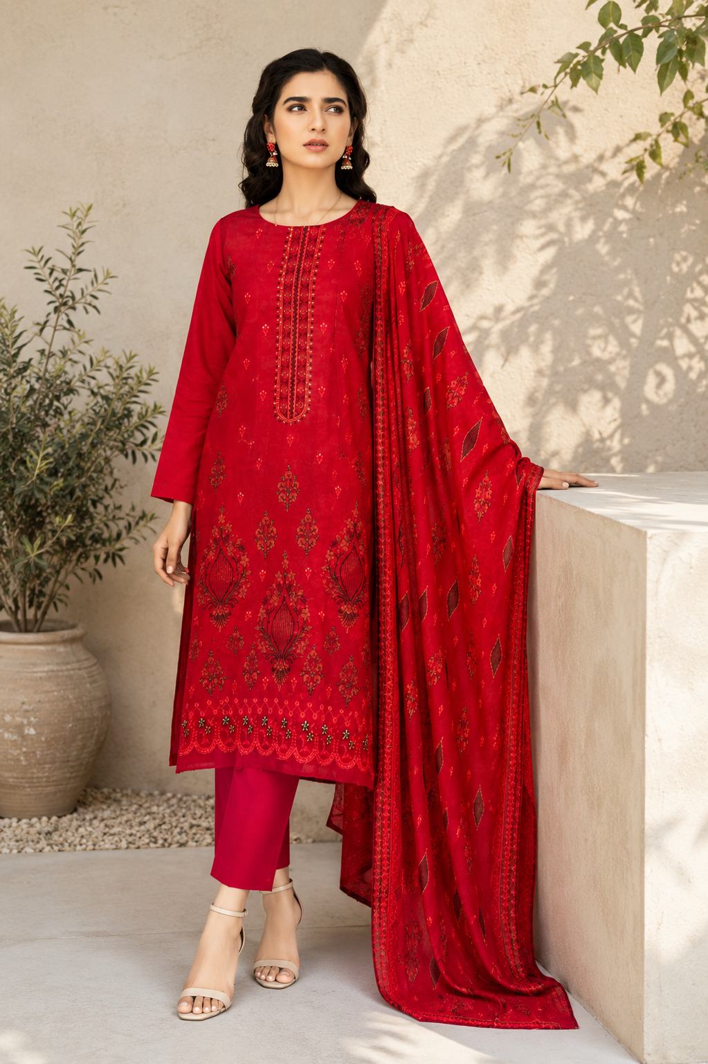 Ruby Tonal Printed 3-Piece Suit