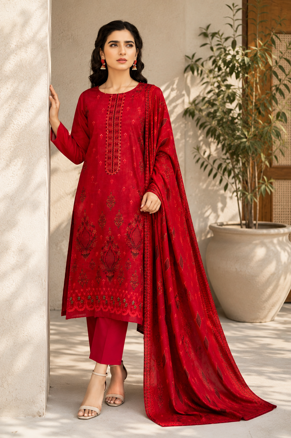 Ruby Tonal Printed 3-Piece Suit