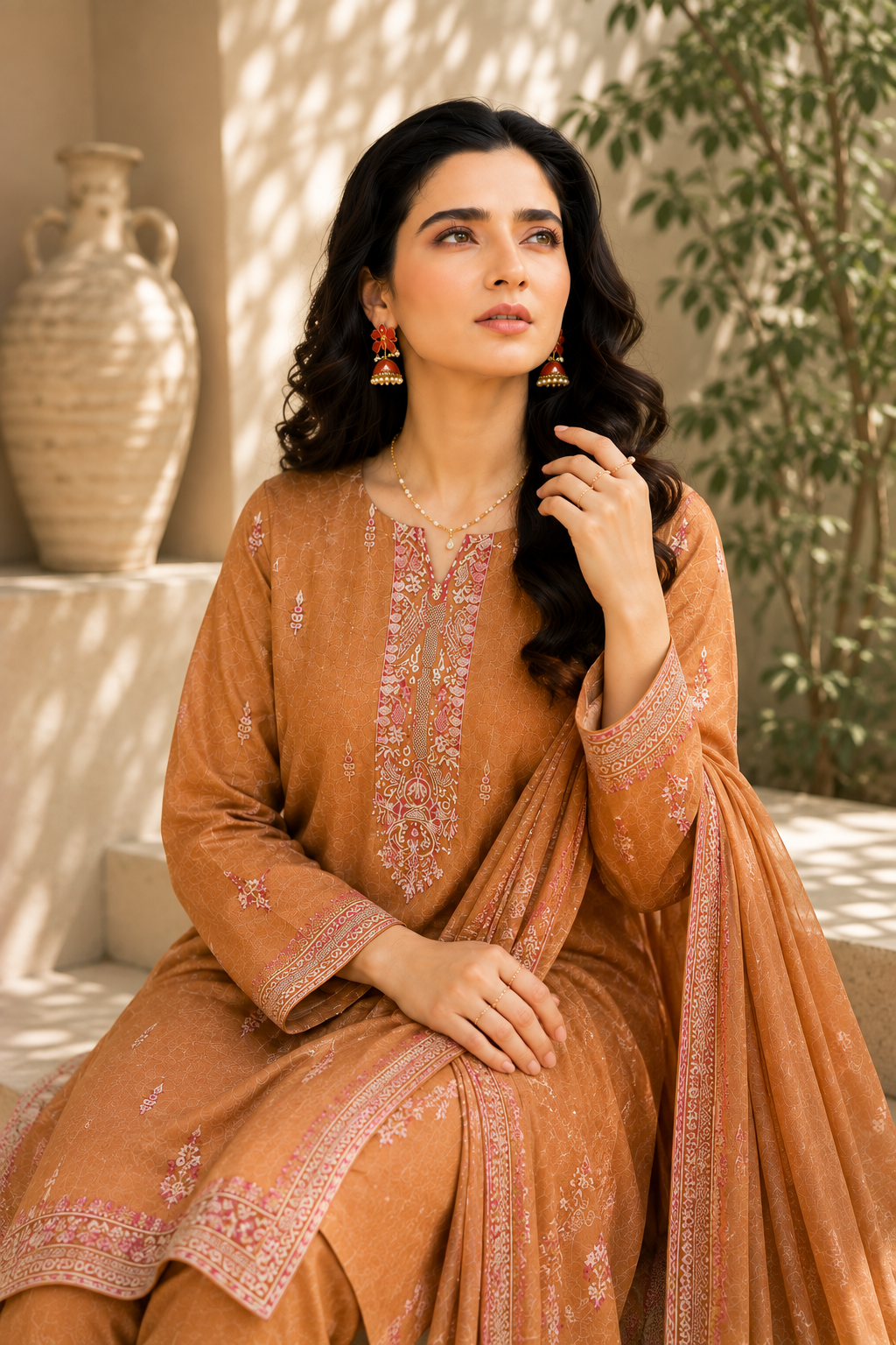 Golden Camel Embroidered 3-Piece Suit