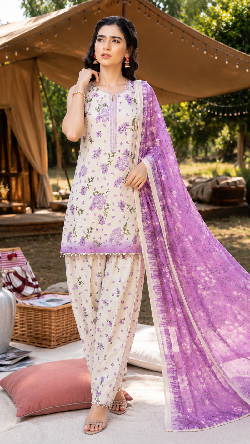 Lilac Bloom Printed 3-Piece Suit