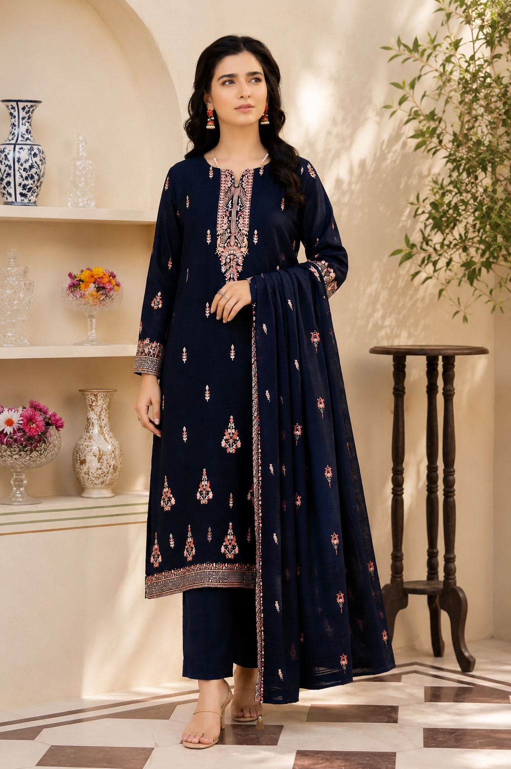 Midnight Coral Embroidered 3-Piece Suit