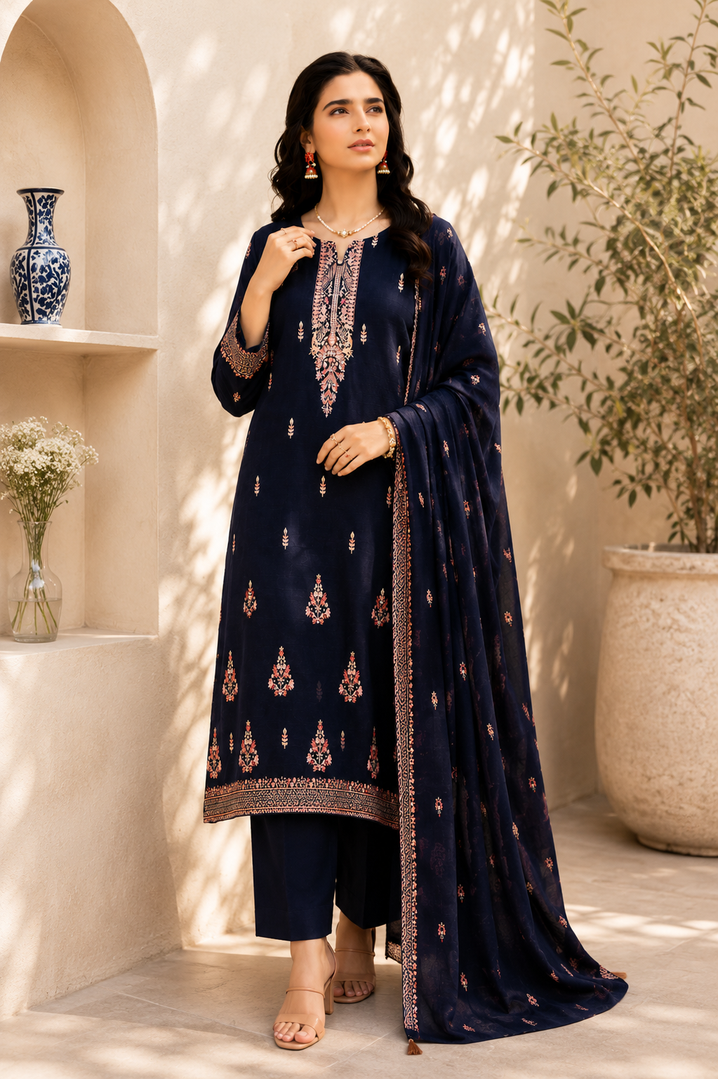 Midnight Coral Embroidered 3-Piece Suit